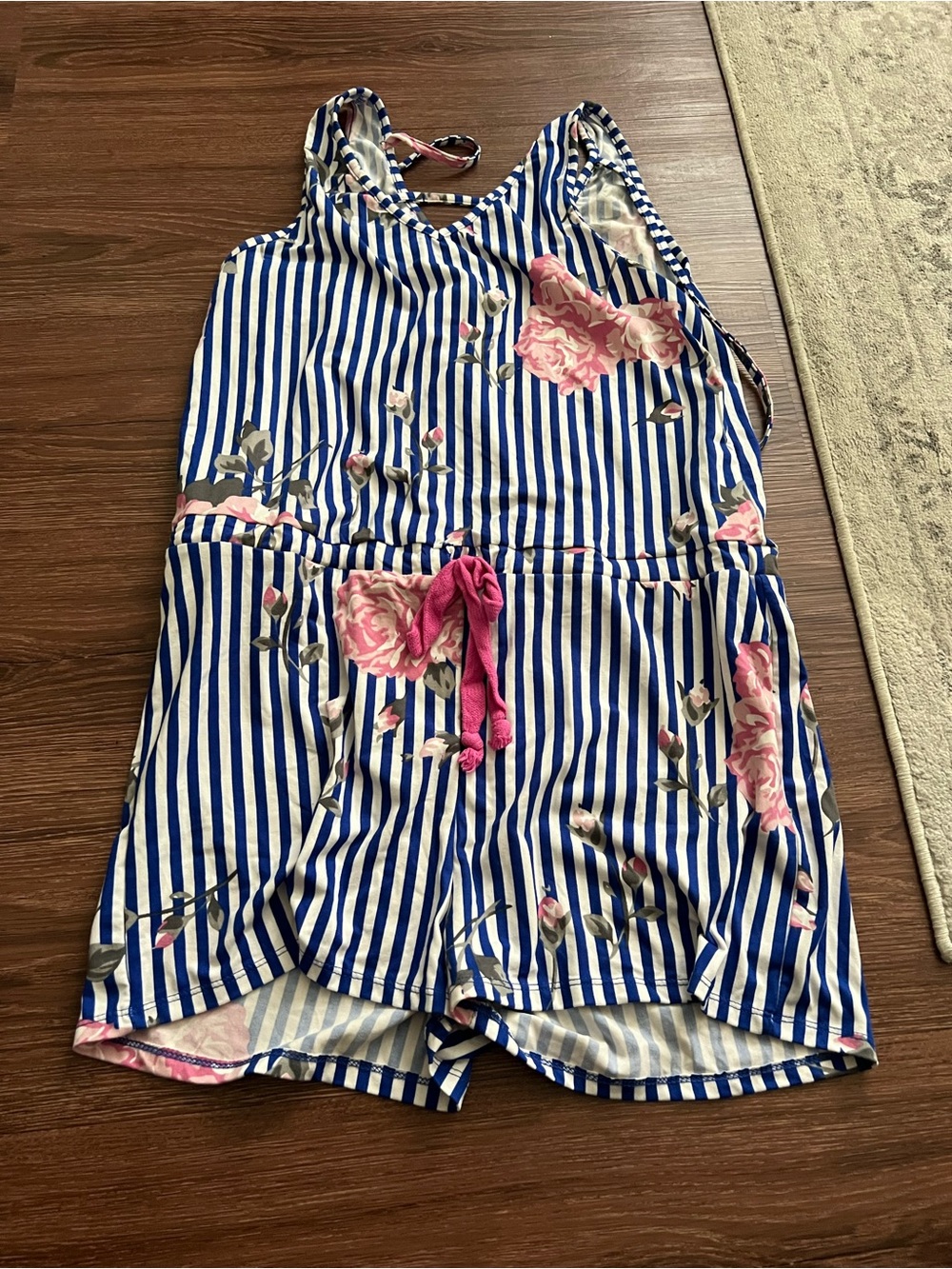 Blue & White Striped Floral Romper with Pink Tie